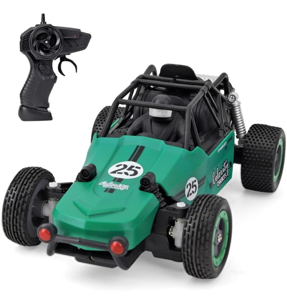 Green remote control mud race car with black roll cage and controller from T-Rex the Toyland Sitamarhi