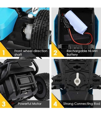 Remote control mud race car with front wheel direction shaft rechargeable battery powerful motor strong connecting rod