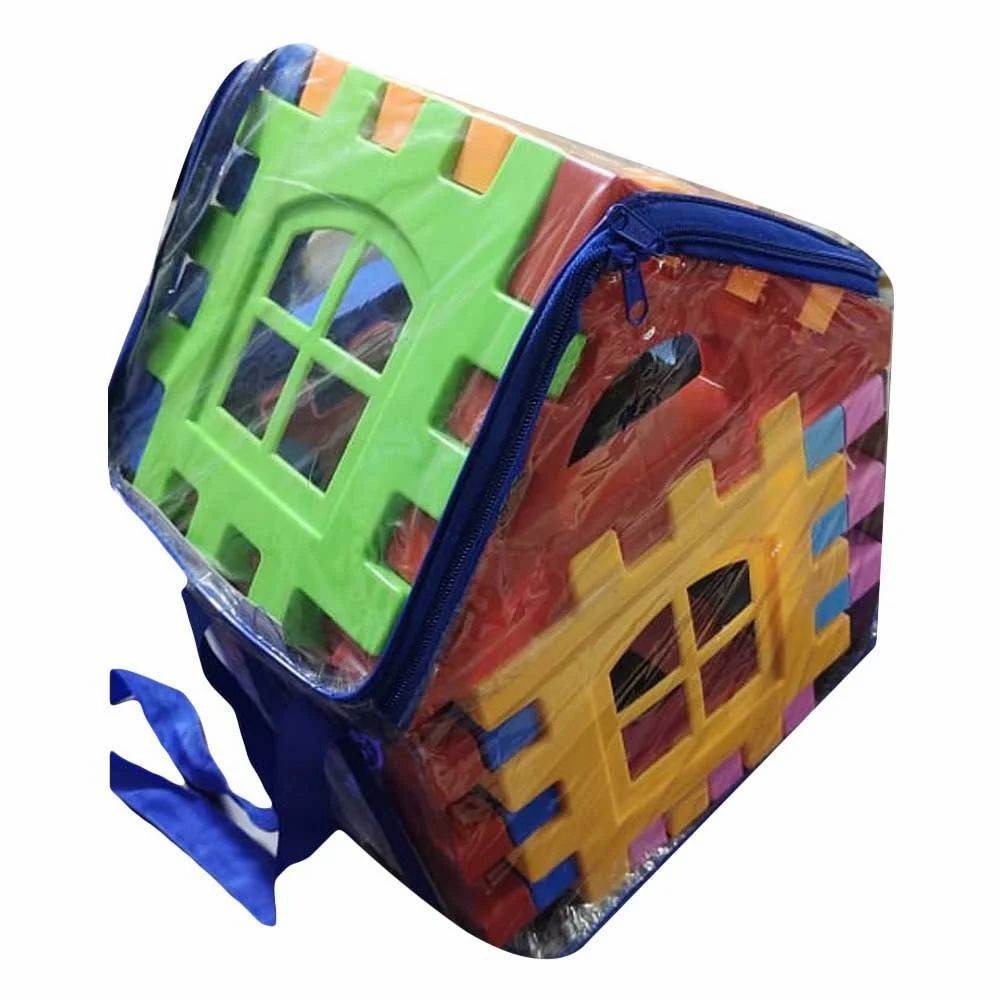 Jumbo plastic building blocks for kids in colorful shapes stored in a clear zippered carry bag
