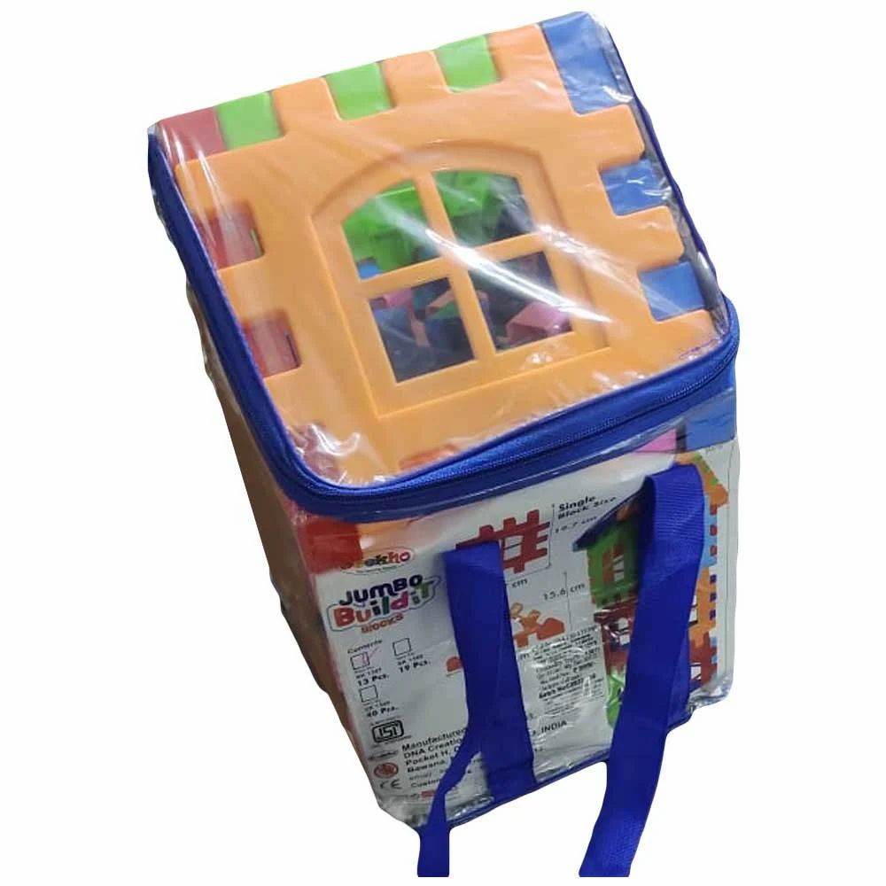 Jumbo plastic building blocks for kids in a clear zippered bag with blue handles
