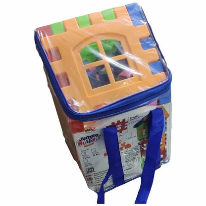 Jumbo plastic building blocks for kids in a clear zippered bag with blue handles