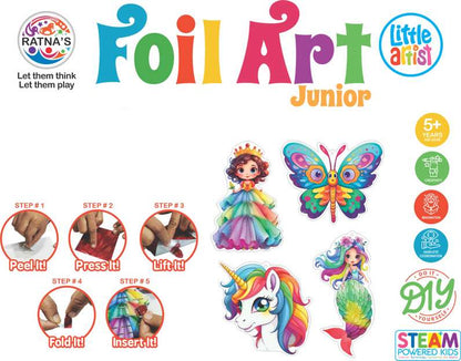 Junior foil art kit for kids with colorful designs including princess, butterfly, unicorn, and mermaid, step-by-step craft instructions