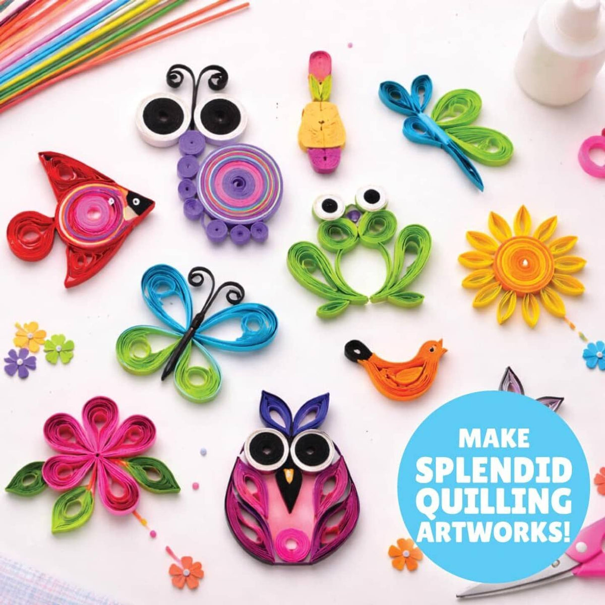 Colorful paper quilling art set with various shapes for creative kids and adults