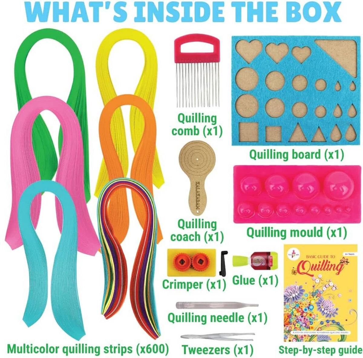 Paper quilling craft kit with multicolor strips, tools, and step-by-step guide for creative projects