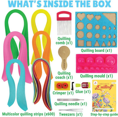 Paper quilling craft kit with multicolor strips, tools, and step-by-step guide for creative projects