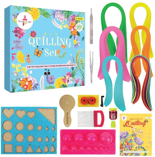 Colorful DIY paper quilling set with tools and strips for crafting enthusiasts aged 8 years and up