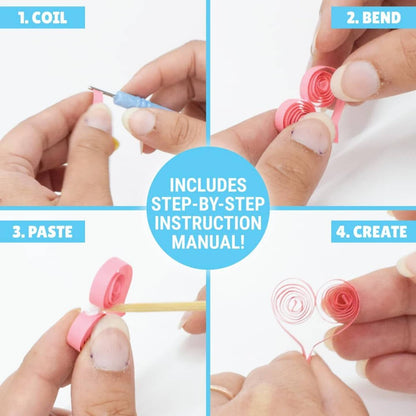 Colorful paper quilling crafting kit with step-by-step instructions for ages 6 and up