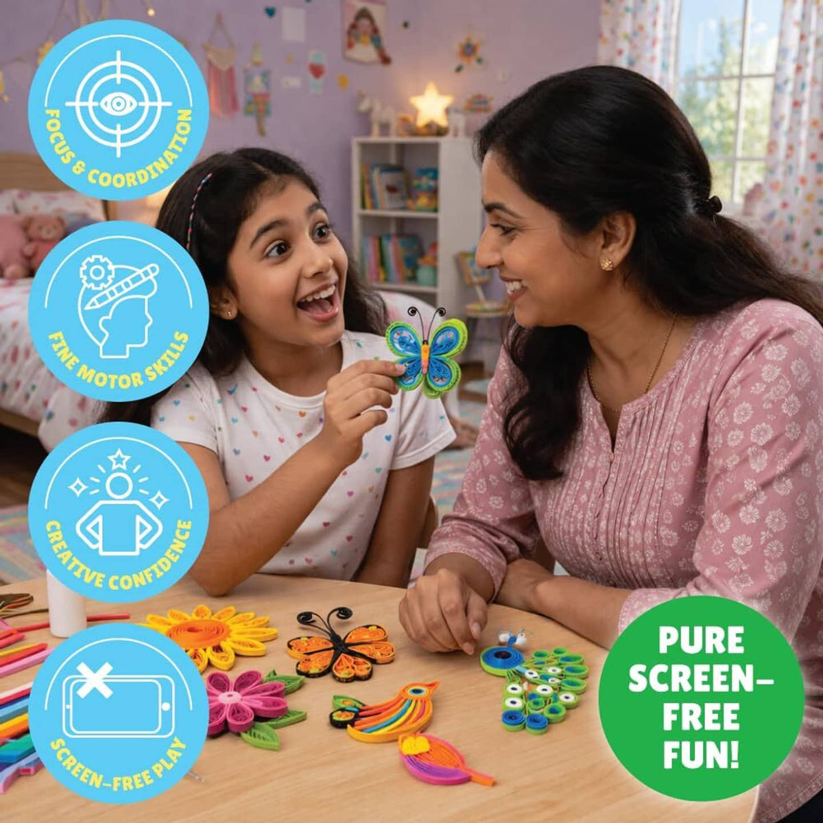 Colorful paper quilling craft kit for kids promoting fine motor skills and creativity