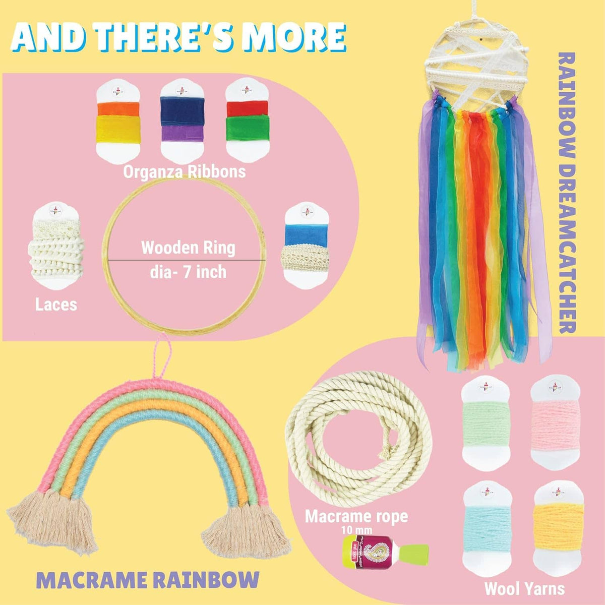 Colorful macrame rainbow dreamcatcher craft kit for kids featuring wool yarns and ribbons
