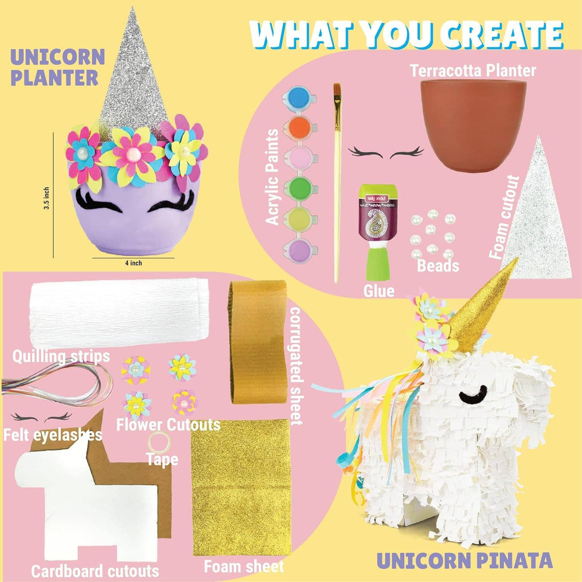 Craft kit featuring a unicorn planter and piñata with vibrant colors, suitable for all ages