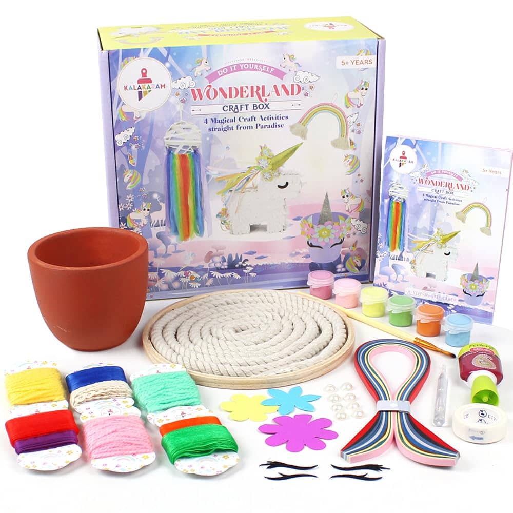 Craft kit with colorful supplies for kids aged 5 and up to create projects, includes paint and decorative items