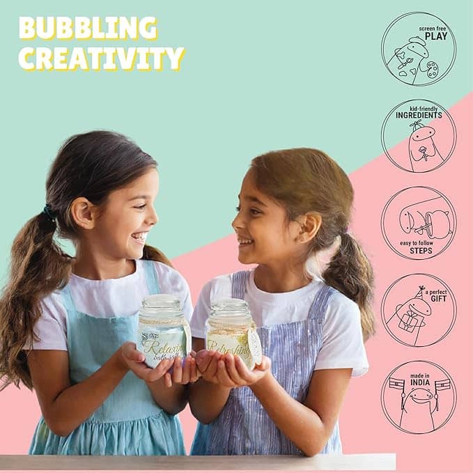 Kids holding jars for Epsom salts bath activity, promoting relaxation and creativity for ages 5 and up