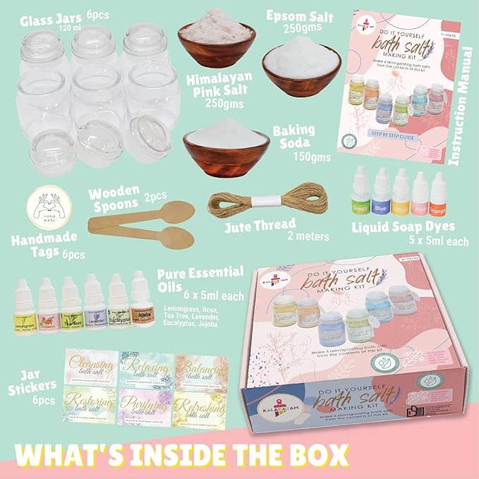 DIY Epsom salts bath kit with jars, salts, essential oils, and tools for crafting bath products