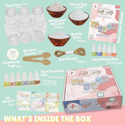 DIY Epsom salts bath kit with jars, salts, essential oils, and tools for crafting bath products