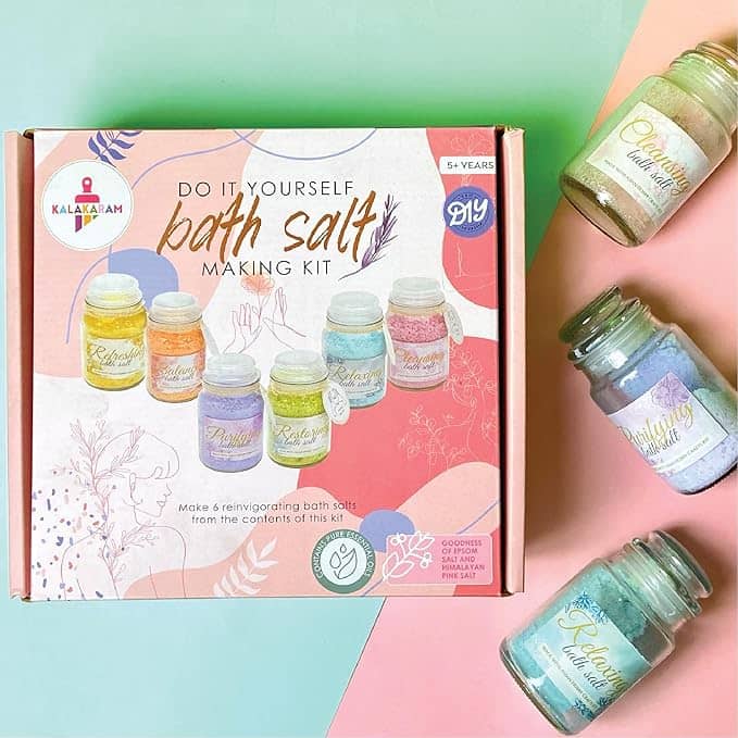 DIY bath salt making kit with colorful jars for kids aged 5 years and up to create epsom salts bath