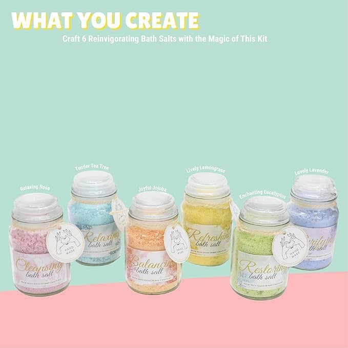 Colorful Epsom salts bath kit with six jars for relaxing self-care routines