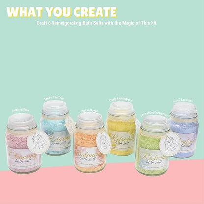 Colorful Epsom salts bath kit with six jars for relaxing self-care routines
