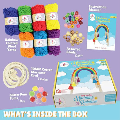 Macrame kit with colorful yarns, beads, and instructions for crafting projects