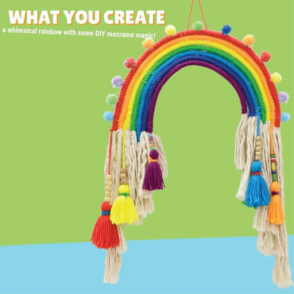 DIY kit macrame rainbow wall hanging with vibrant colors and tassels for creative enthusiasts