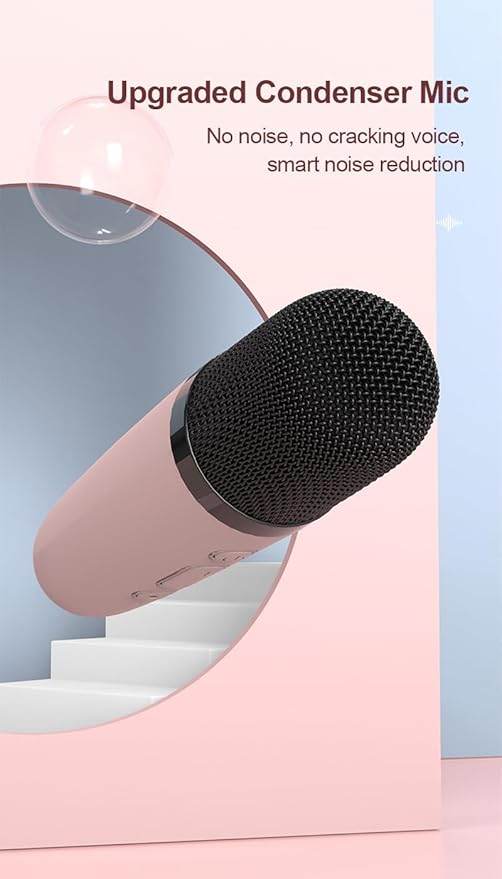 Pink karaoke speaker with upgraded condenser mic designed for clear sound and noise reduction
