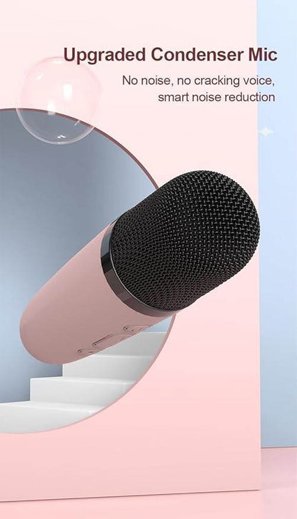 Pink karaoke speaker with upgraded condenser mic designed for clear sound and noise reduction