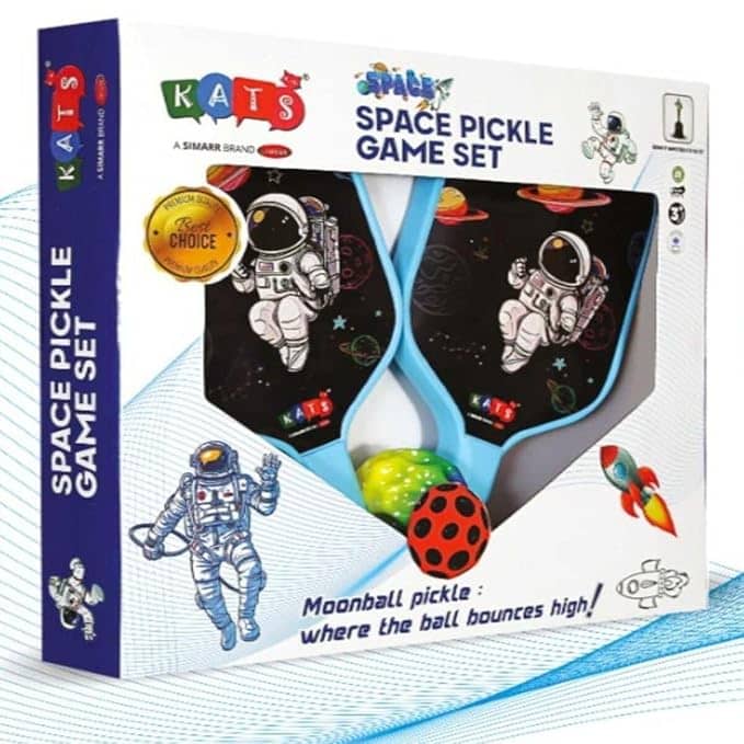 Blue and green racket pickleball set for kids featuring space-themed designs