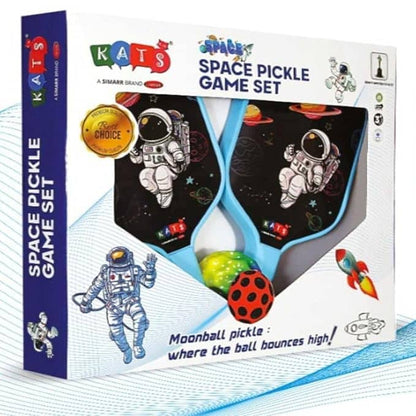 Blue and green racket pickleball set for kids featuring space-themed designs