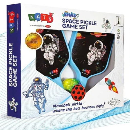 Blue and green racket pickleball set for kids featuring space-themed designs