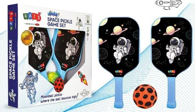 Colorful space theme racket pickleball set for kids featuring astronaut designs