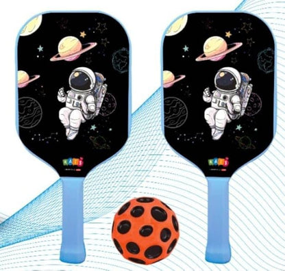 Two blue racket pickleball paddles with astronaut design and a bright orange ball for kids