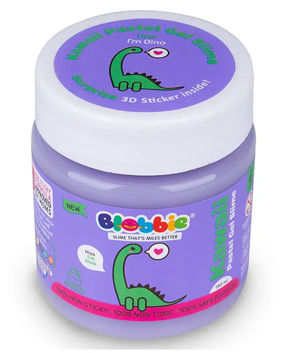 Purple kawaii slime co. with dinosaur 3D stickers for kids, non-toxic and mess-free