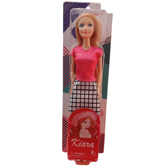 Kiara fashion doll wearing a pink top and checkered skirt in clear packaging from T-Rex the toyland Sitamarhi