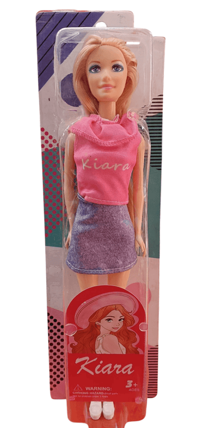 Kiara fashion doll for kids with blonde hair wearing pink top and purple skirt in packaging