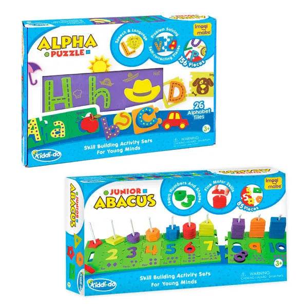 Colorful abacus toy and alphabet puzzle set for skill building, suitable for children ages 3 and up