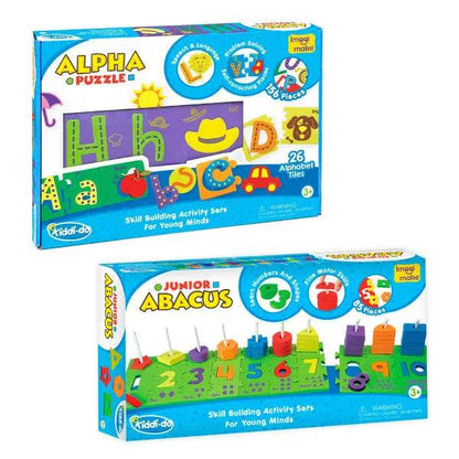 Colorful abacus toy and alphabet puzzle set for skill building, suitable for children ages 3 and up