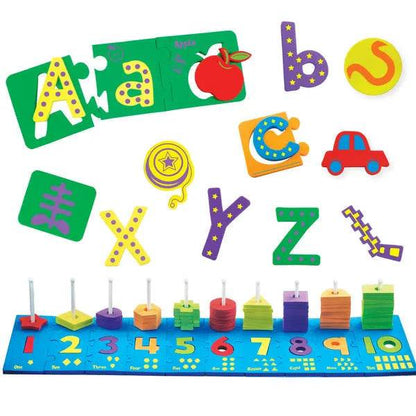 Colorful abacus toy for toddlers featuring numbers, shapes, and letters for early learning