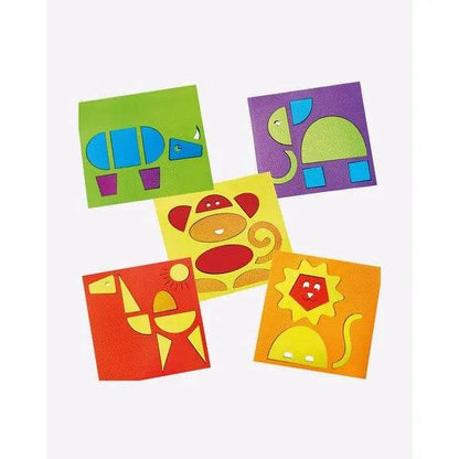 Colorful animal puzzles for toddlers featuring a lion, elephant, monkey, and more.