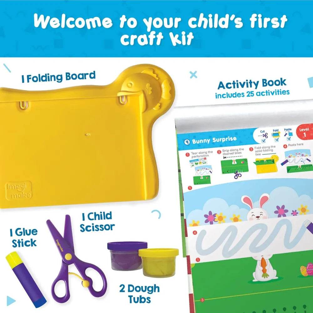 Yellow craft kit for kids including a folding board, scissors, glue stick, and dough tubs to enhance fine and motor skills
