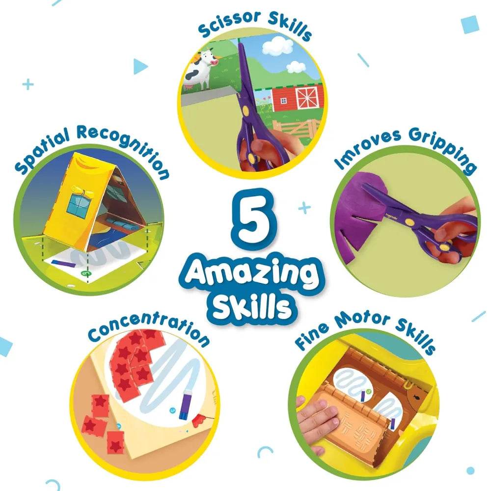 Colorful activity set for ages 3-5 focusing on fine motor skills and scissor skills development