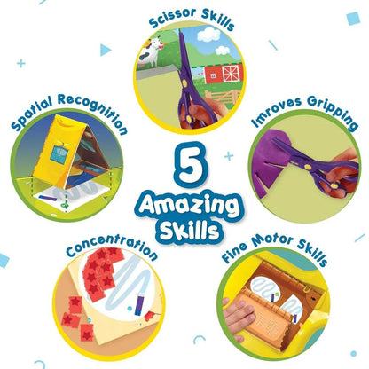 Colorful activity set for ages 3-5 focusing on fine motor skills and scissor skills development