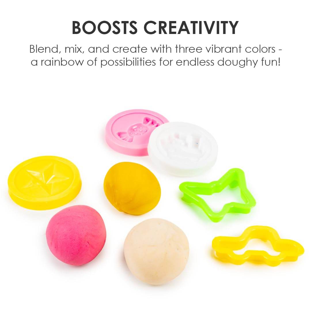 3 in 1 dough kit for kids with colorful dough balls and shape cutters to boost creativity