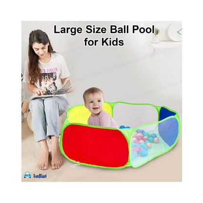 Large kids ball pool with balls featuring a colorful playpen and a happy toddler inside