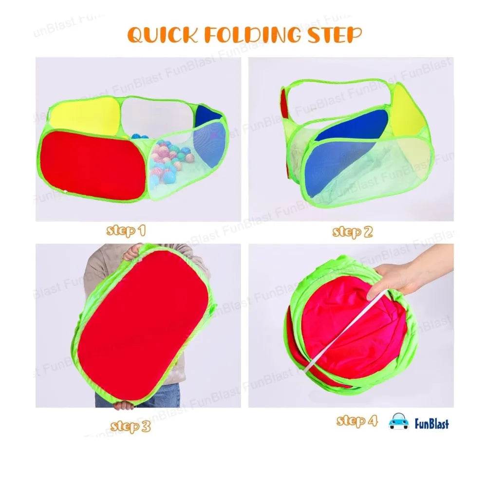 Step-by-step quick folding instructions for kids ball pool with balls in bright colors