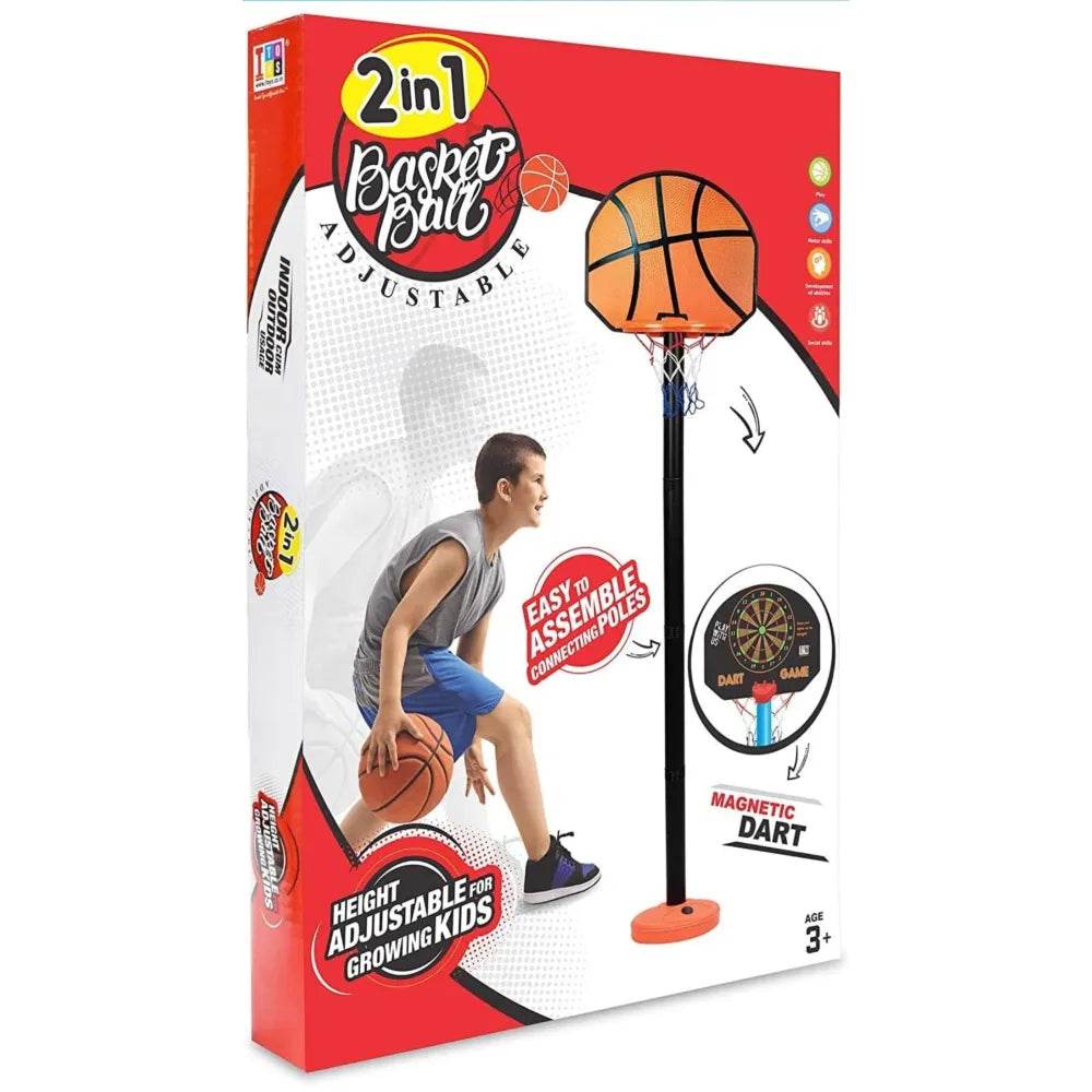 2-in-1 adjustable basketball set for kids ages 3 and up with magnetic dart feature