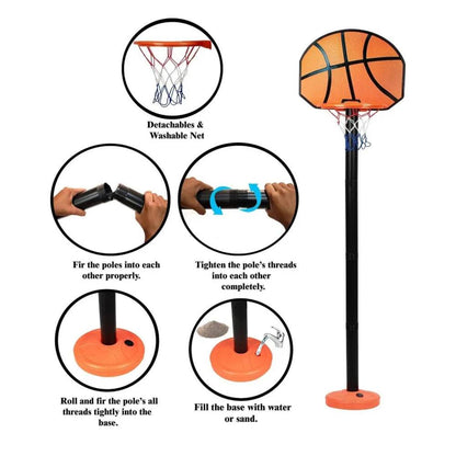 Orange adjustable kids basketball hoop for outdoor play with detachable net and sturdy base