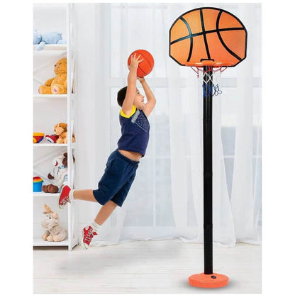 Blue kids basketball shoes worn by a child jumping to make a basket in a playroom