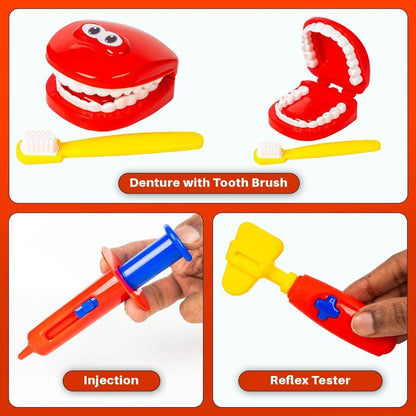 Kids dental medical kit with toy denture and toothbrush injection and reflex tester tools