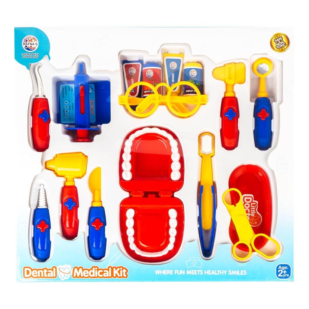 Kids dental medical kit with toy dental tools including toothbrush, glasses, and mouth model by T-Rex the toyland Sitamarhi