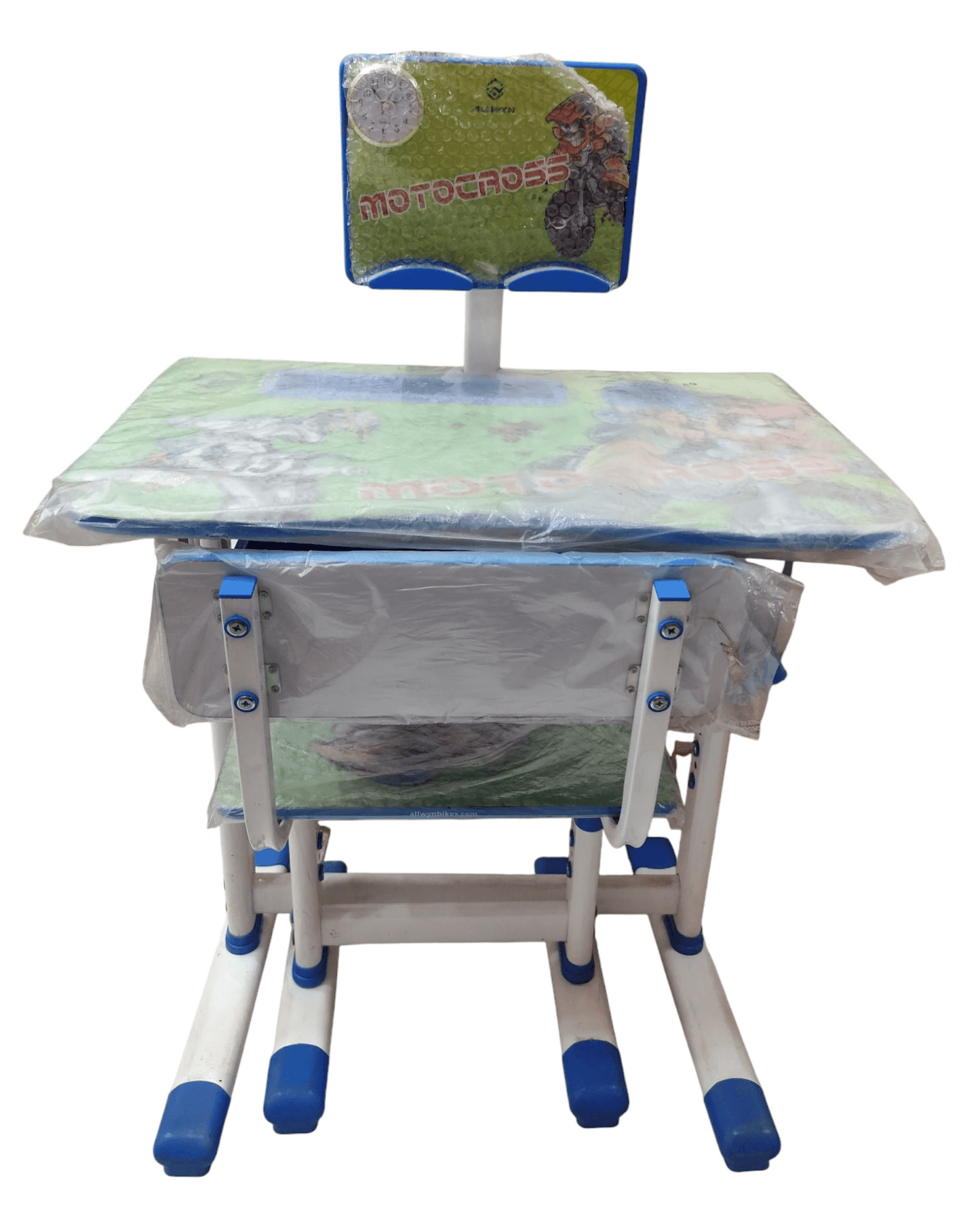 Blue and white kids desk chair with attached table for children ages 4-8 years