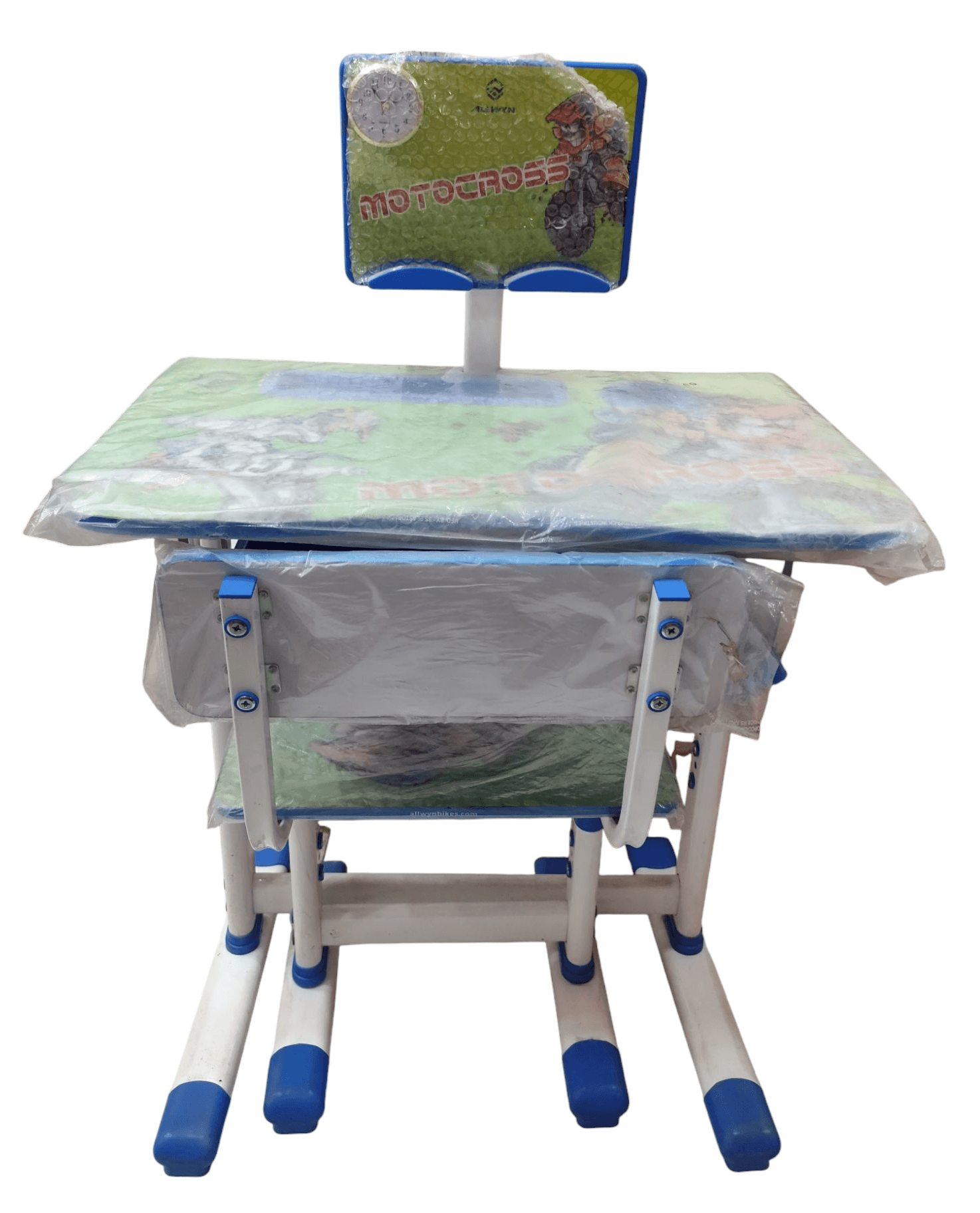 Blue and white kids desk chair with attached table for children ages 4-8 years